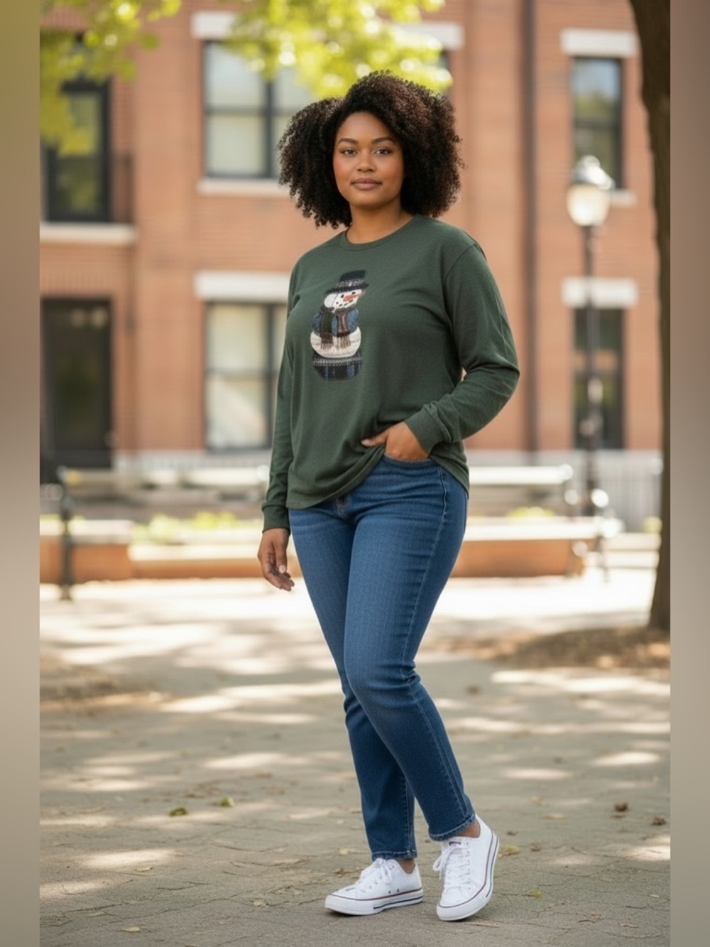 Love in Faith Green Snowman Graphic Long Sleeve Tee PLUS
